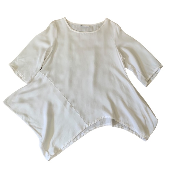 Bryn Walker White 3/4 Sleeve Lagenlook Tunic Top Relaxed Fit Asymmetrical Hem - Picture 3 of 11